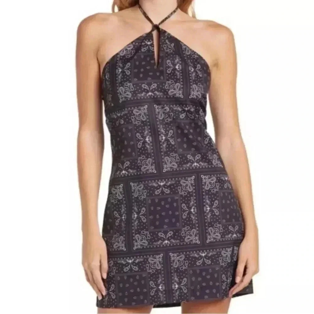 NWT $68 Elodie Black White Bandana Print Halter Neck Mini Dress size medium m